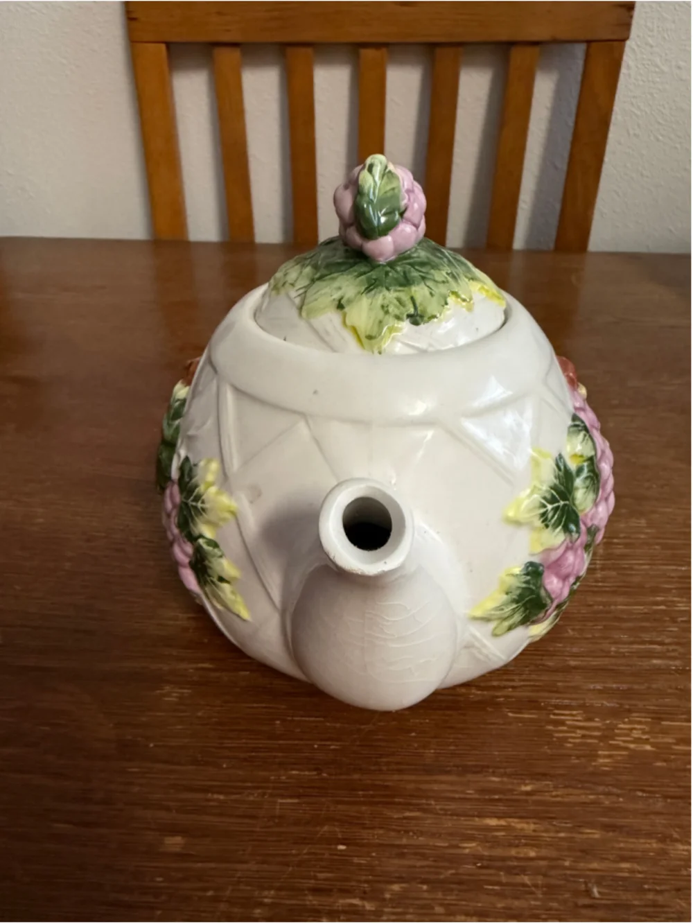 Vintage Ceramic Grape Teapot Embossed Basketweave Purple Grapes Raised Relief wi